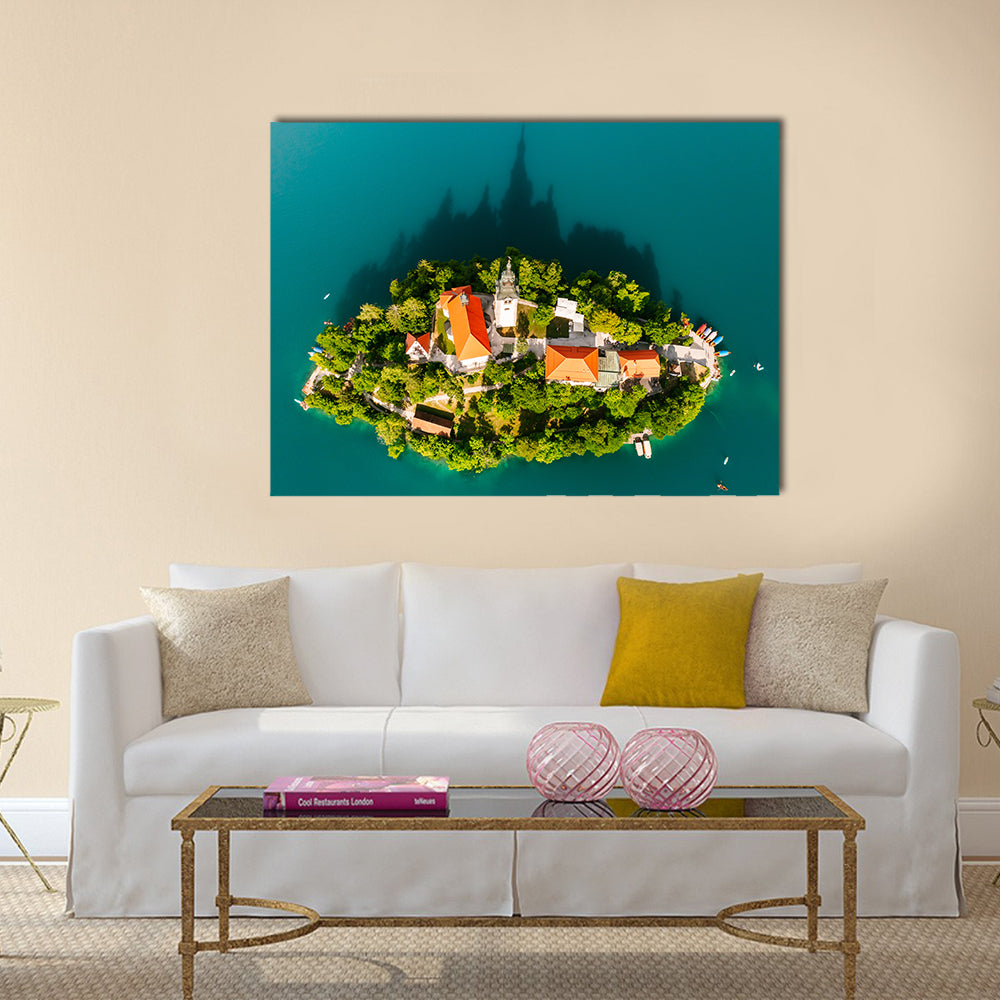 Lake Bled With Assumption Of Maria Church Slovenia Canvas Wall Art in orange, green and blue, single panel hung on a wall
