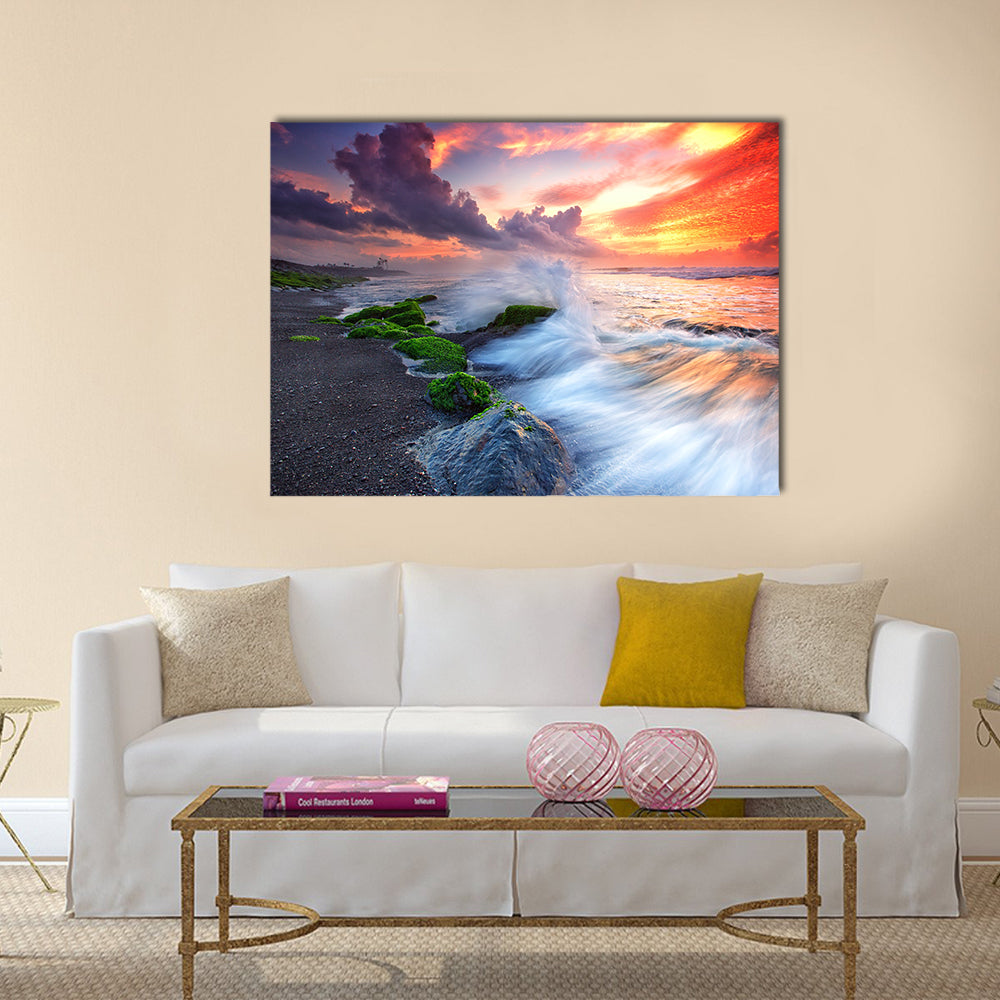 Burning Sky Over Black Sand Beach Canvas Wall Art