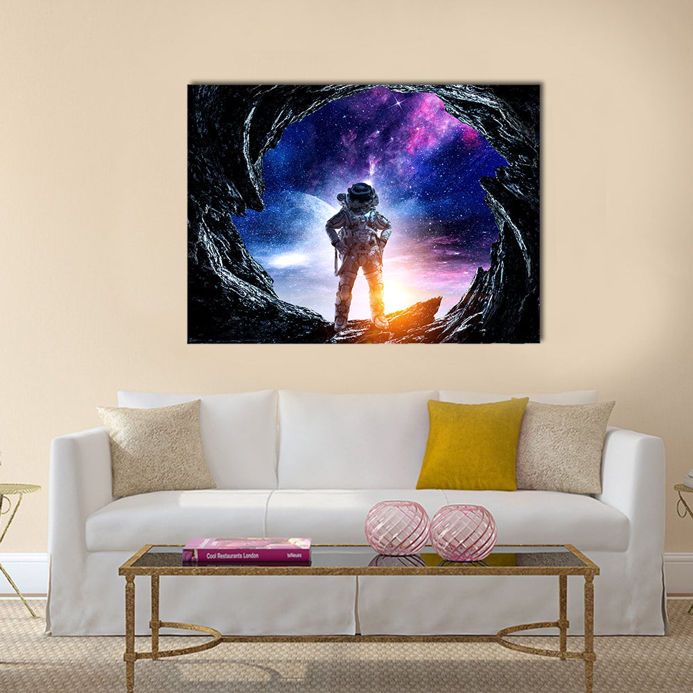 Astronaut at Spacewalk Canvas Wall Art in black, blue and purple, single panel hung on a wall