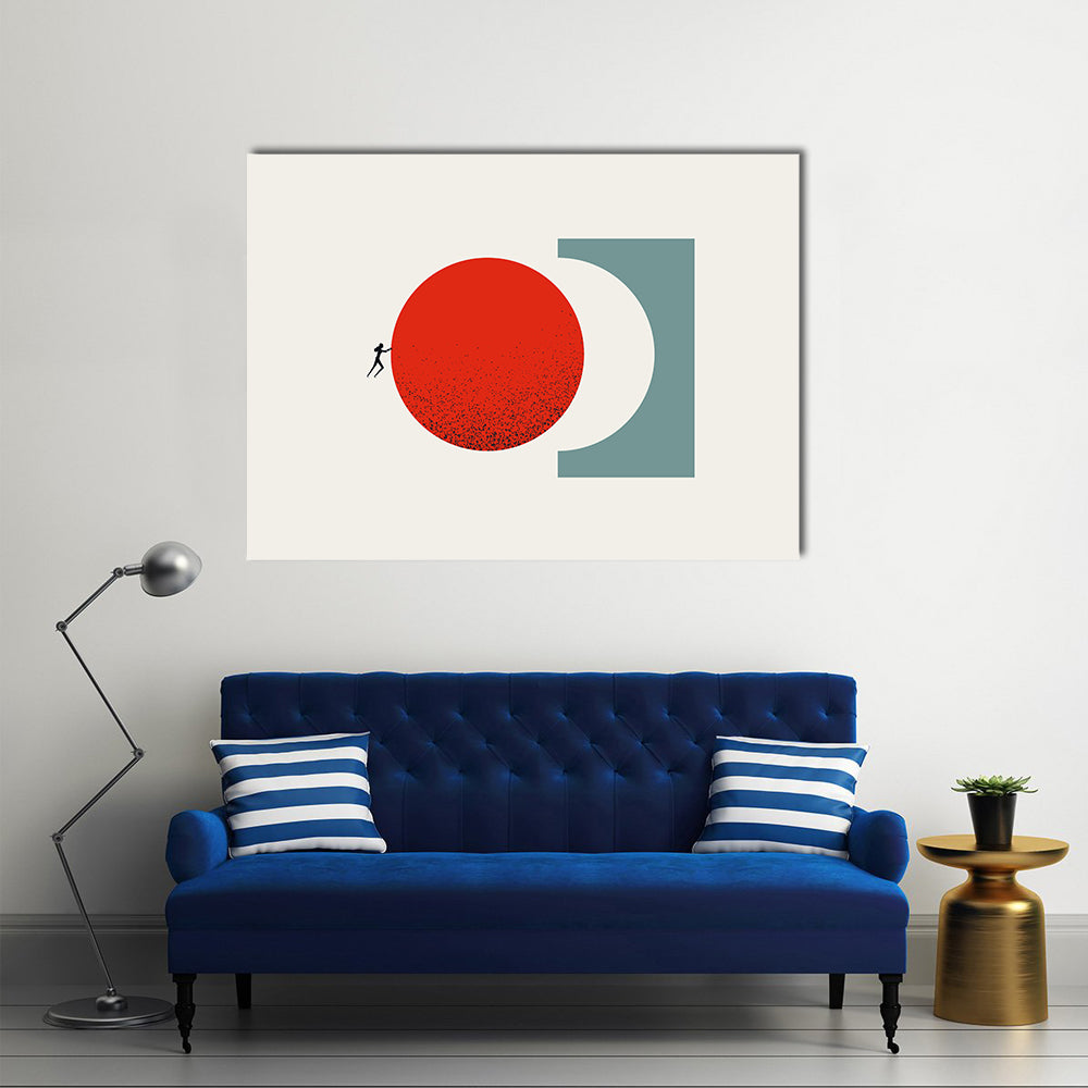 Silhouette Pushing Red Circle Canvas Wall Art