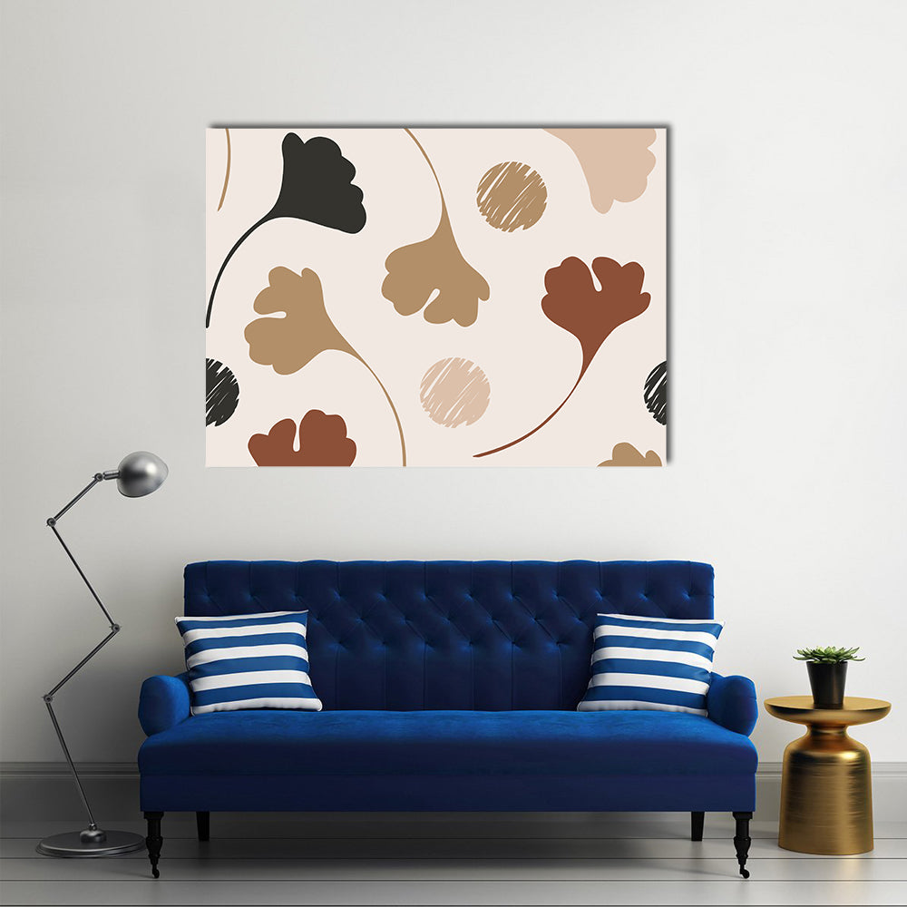 Natural Ginkgo Leaf Silhouettes Canvas Wall Art in black, beige and brown, single panel hung on a wall