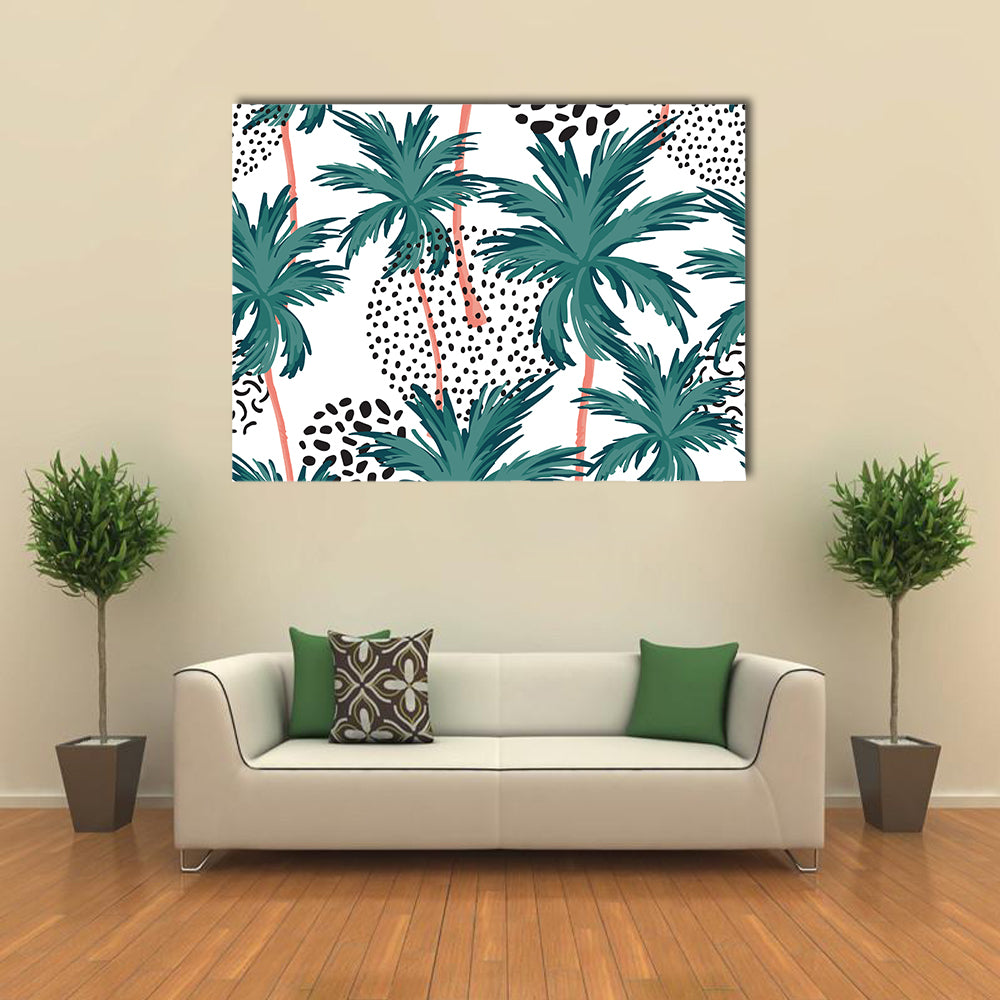 Teal Palm Fronds Pattern Canvas Wall Art in black, white and green, single panel hung on a wall