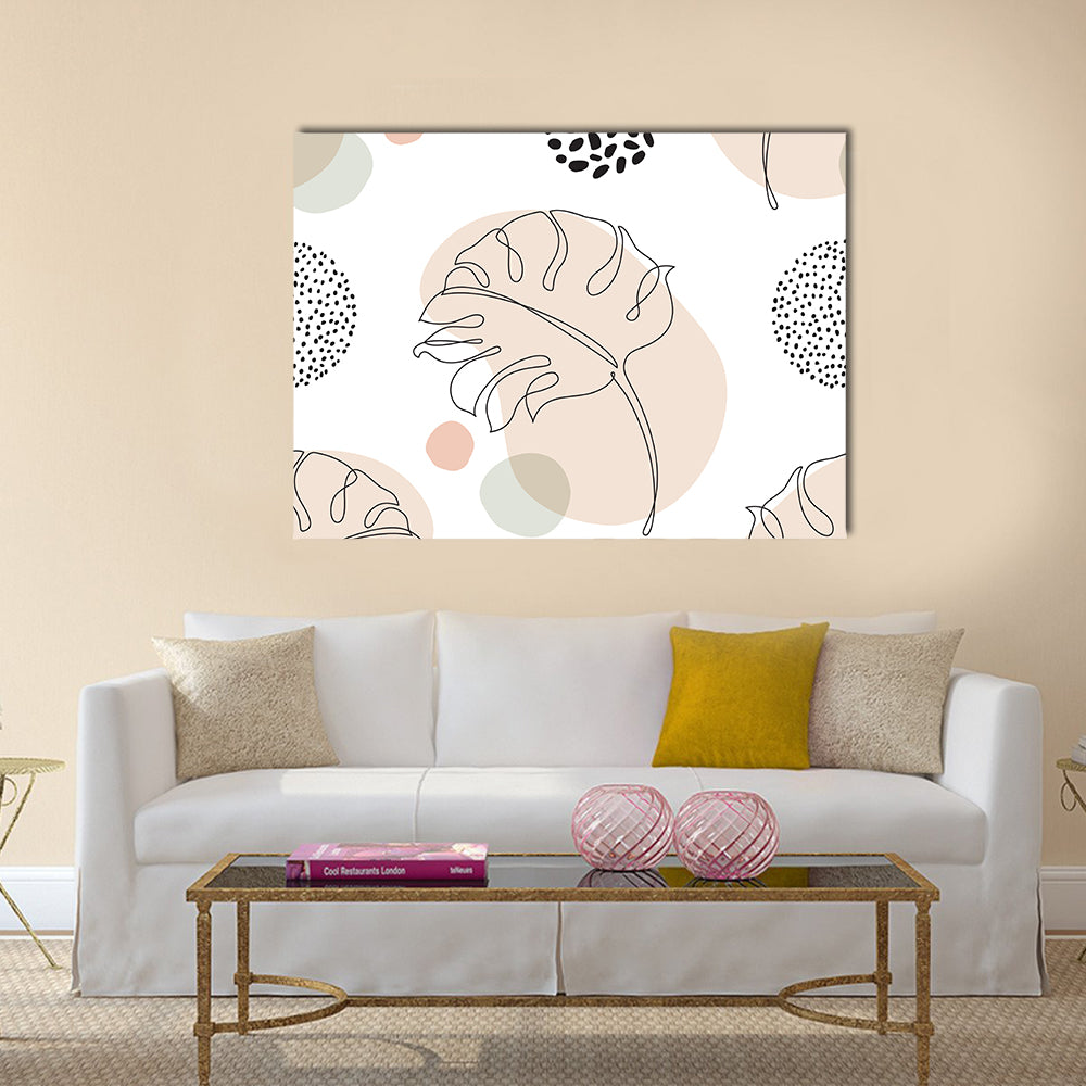 Seamless Monstera Leaf Pattern Canvas Wall Art in black, white and beige, single panel hung on a wall