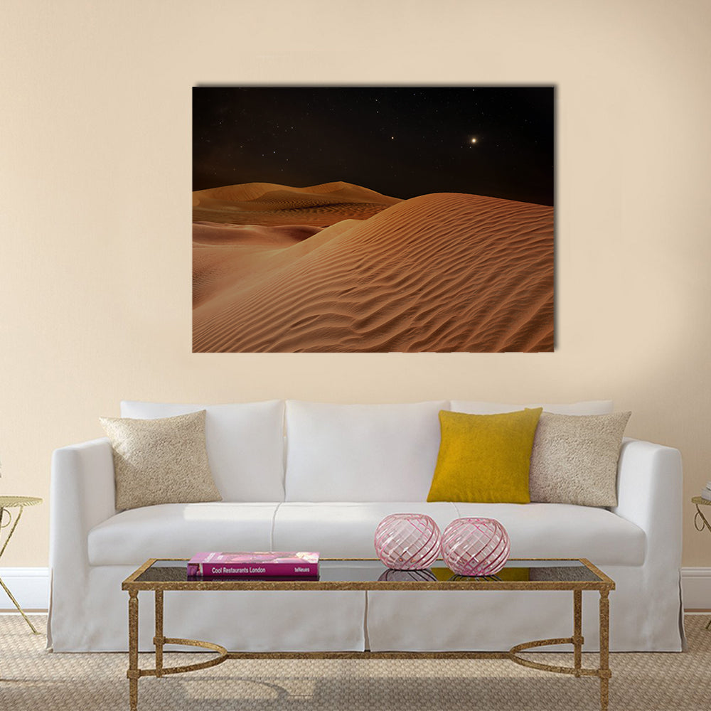 Sandy Desert Under Starry Night Sky Canvas Wall Art in black, brown and orange, single panel hung on a wall