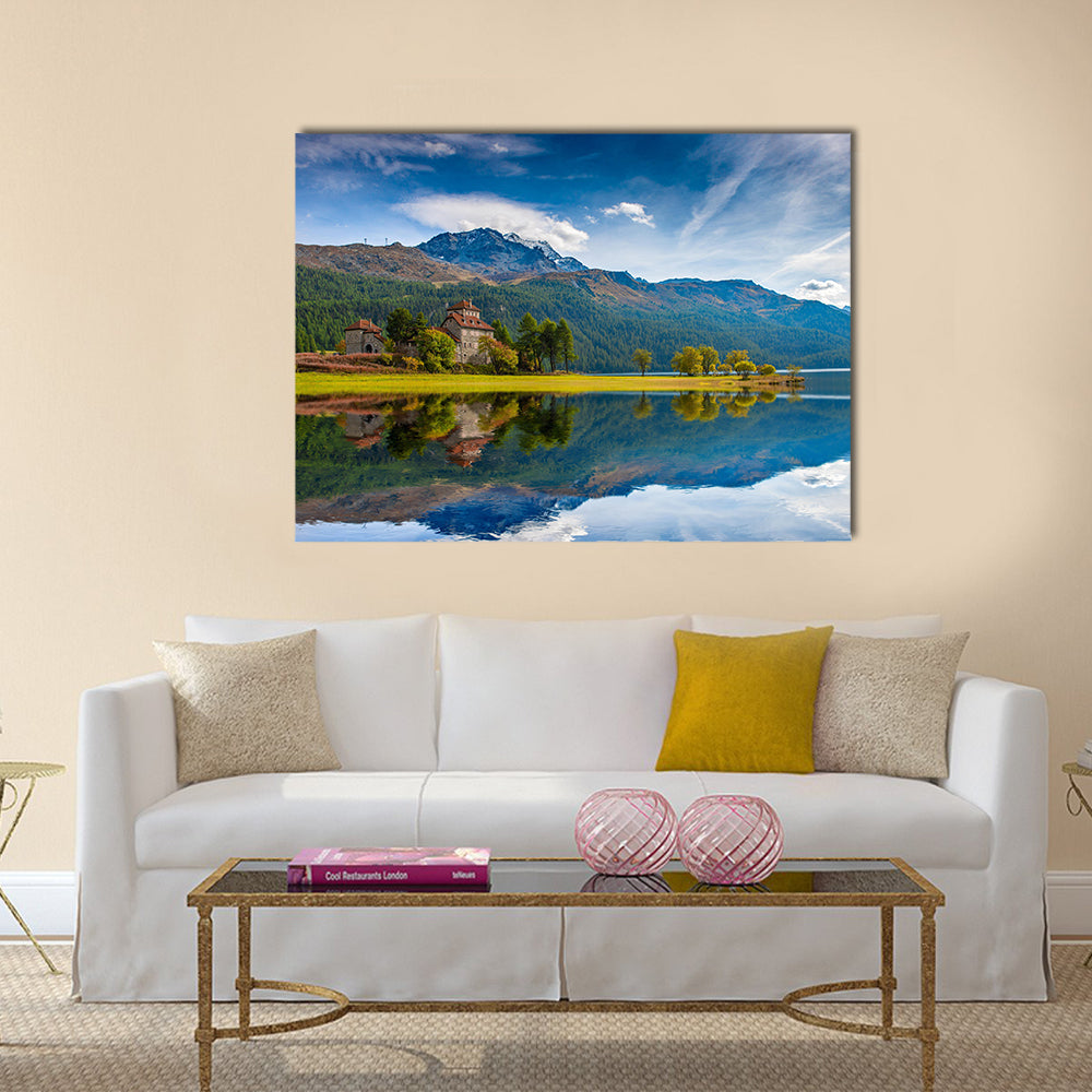 Da Sass Castle on Lake Silvaplana Canvas Wall Art in brown, green and blue, single panel hung on a wall