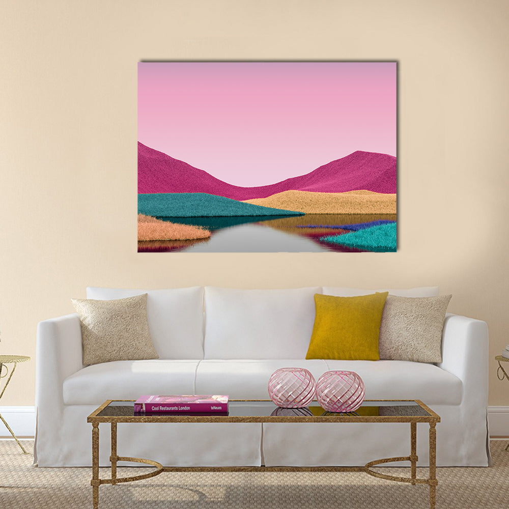 Surreal Pink Mountains with Reflective Lake Canvas Wall Art in yellow, blue and pink, single panel hung on a wall