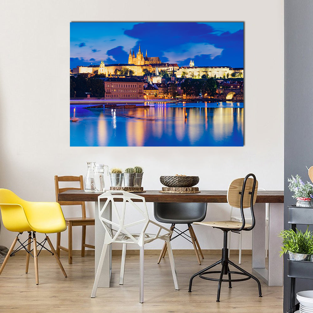 Prague Castle at Night Canvas Wall Art in gold, yellow and blue, single panel hung on a wall