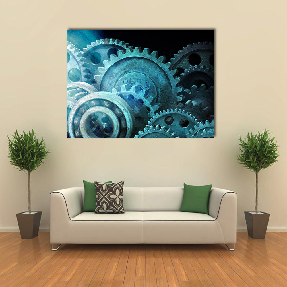 Industrial Cogs Gears Canvas Wall Art in black, gray and blue, single panel hung on a wall