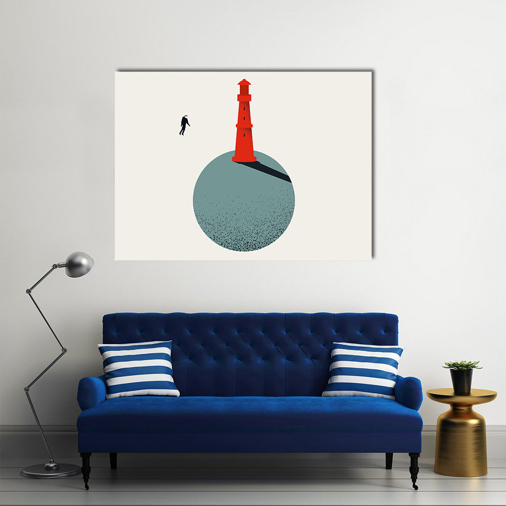 Red Lighthouse with Floating Astronaut Canvas Wall Art in gray, beige and red, single panel hung on a wall