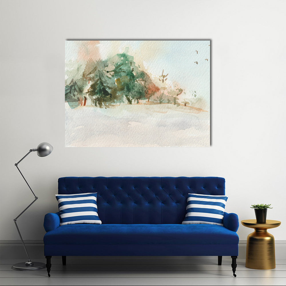 Misty Morning Landscape with Trees Canvas Wall Art in white, beige and green, single panel hung on a wall