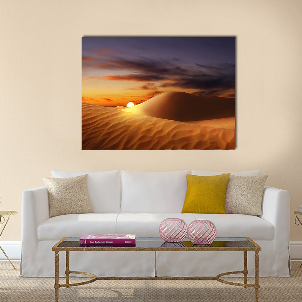 Sandy Dunes at Sunset Canvas Wall Art in brown, orange and purple, single panel hung on a wall