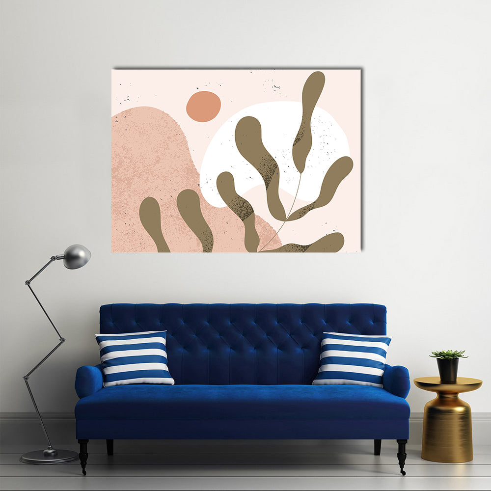 Geometric Leaf Shapes Canvas Wall Art in beige, brown and pink, single panel hung on a wall