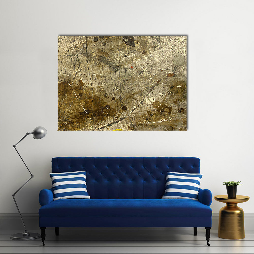 Work Bench Abstract Canvas Wall Art in gray, brown and gold, single panel hung on a wall