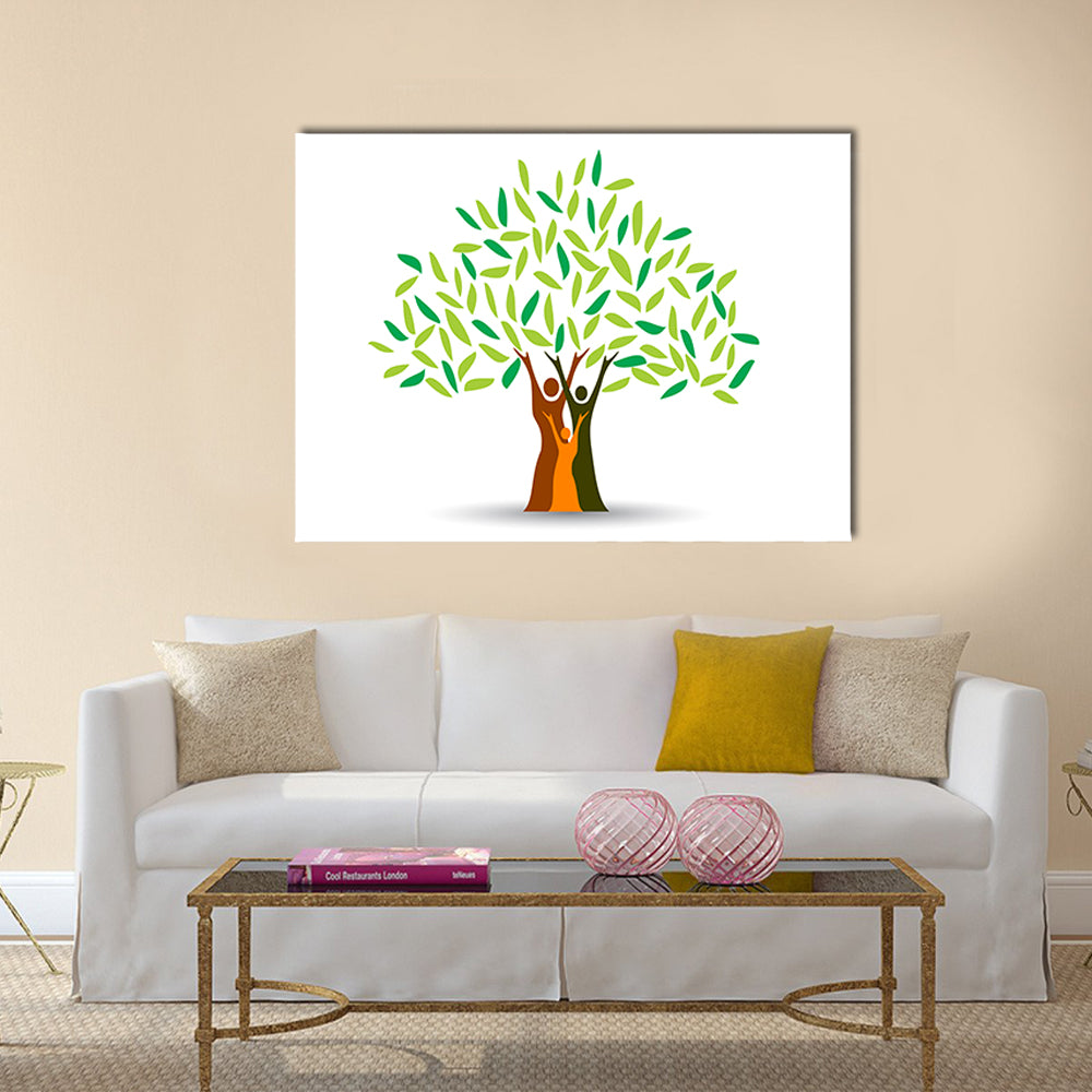 Family Tree with Stylized Silhouettes Canvas Wall Art in white, brown and green, single panel hung on a wall