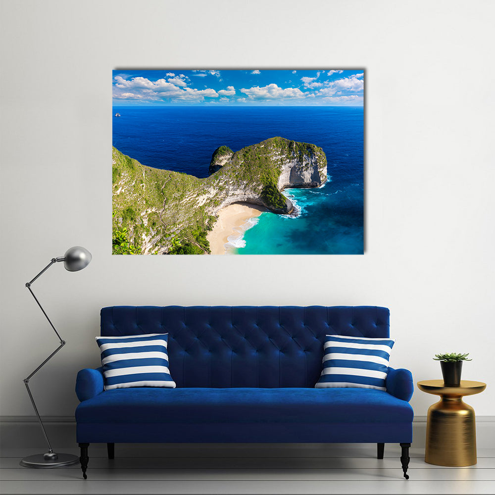Kelingking Beach Aerial View Indonesia Canvas Wall Art in green and blue, single panel hung on a wall