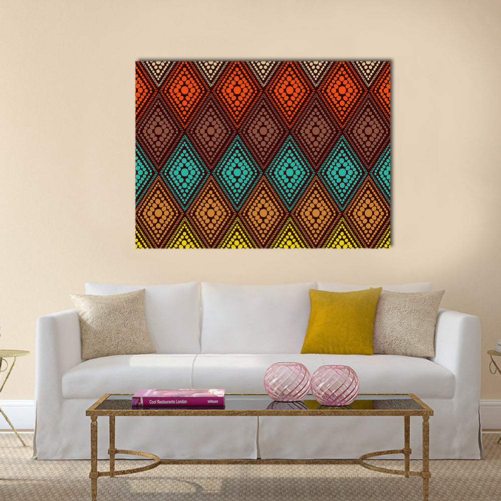 Dotted Diamond Geometric Pattern Canvas Wall Art in brown, orange and multicolor, single panel hung on a wall