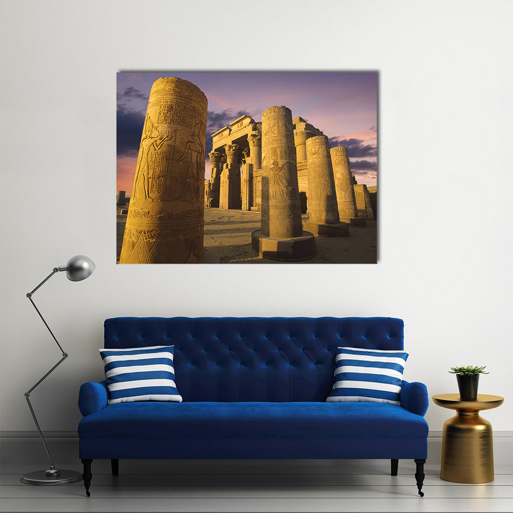 Kom Ombo Temple at Sunset Canvas Wall Art in brown, orange and purple, single panel hung on a wall