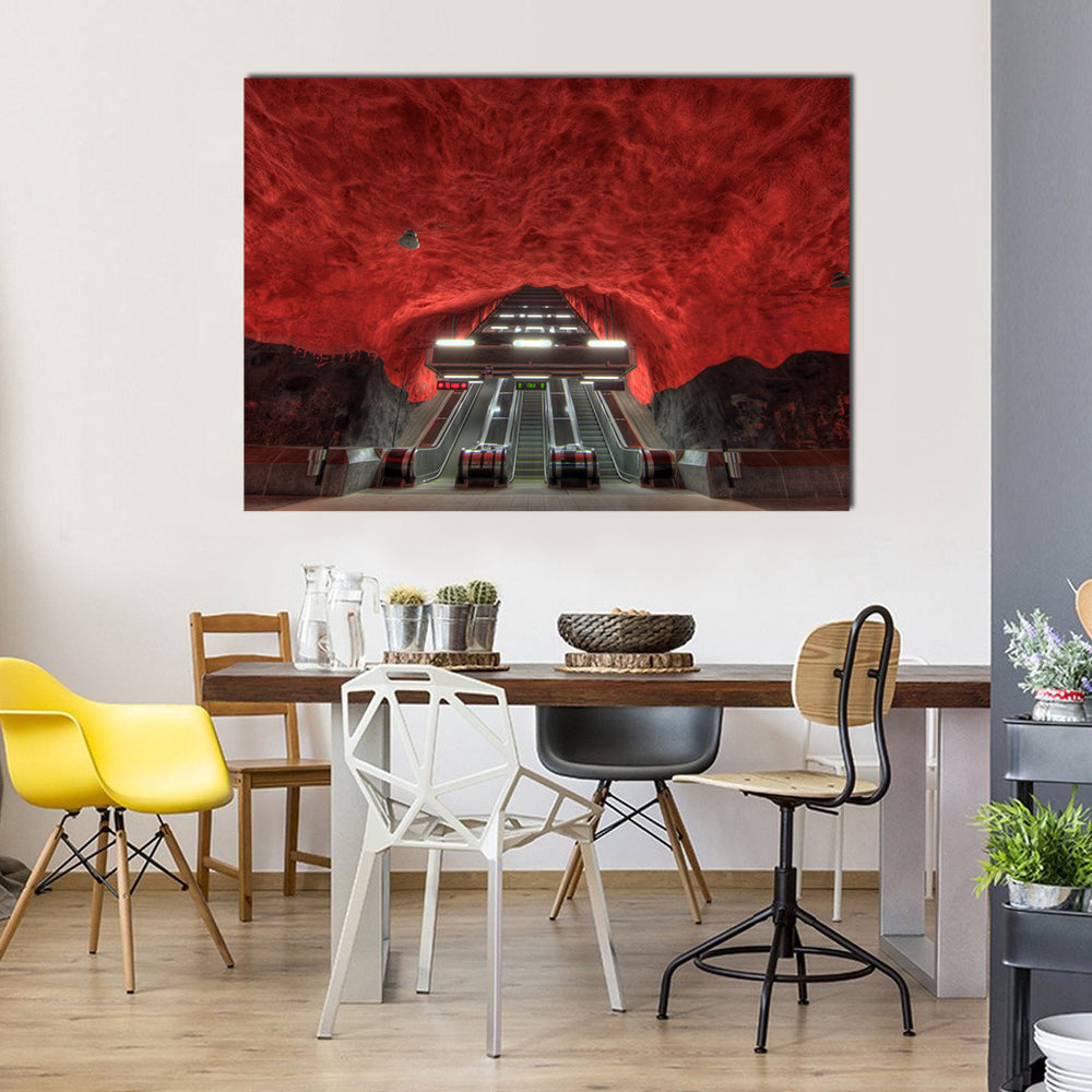 Stockholm Metro Station Interior Canvas Wall Art in black, gray and red, single panel hung on a wall