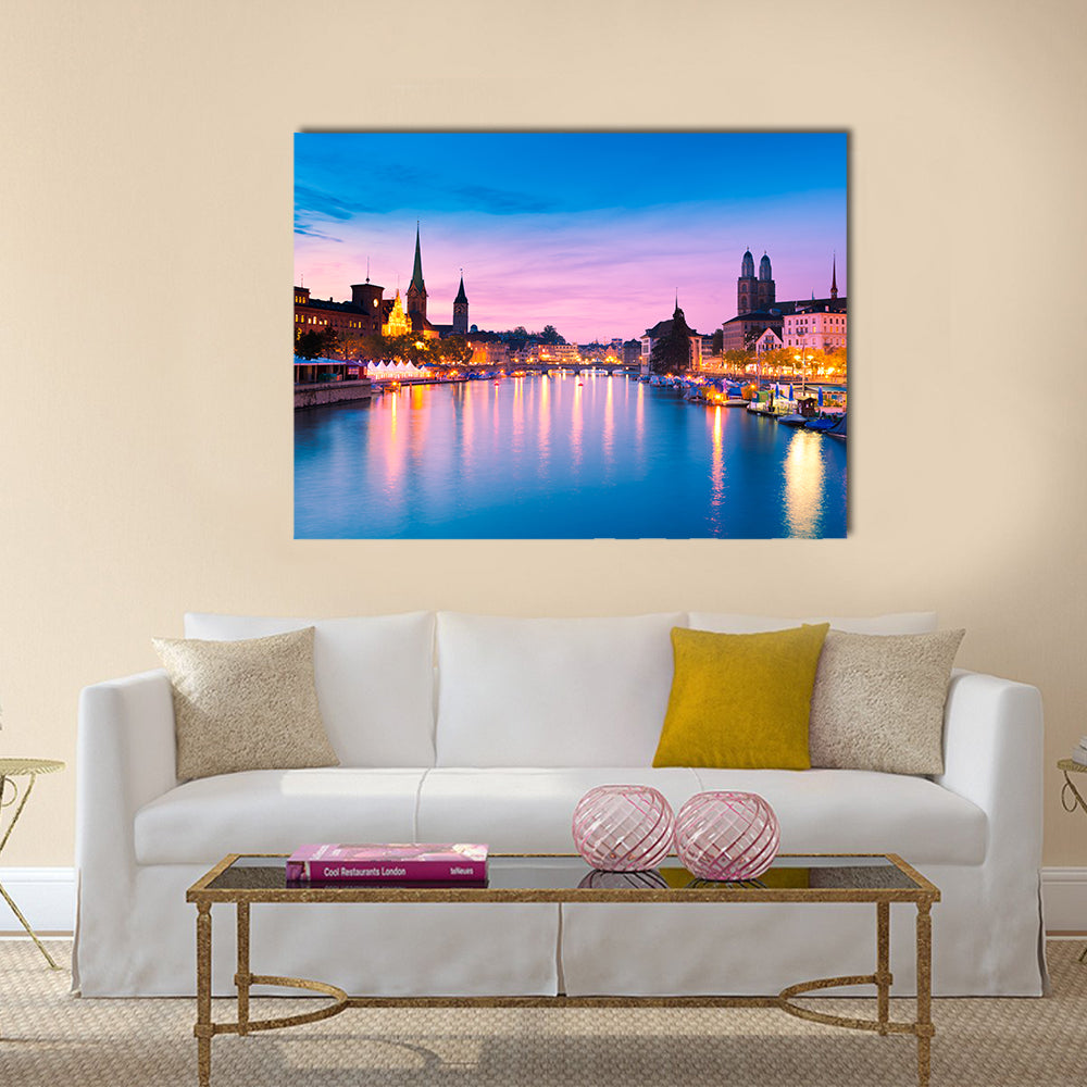 Zurich Skyline At Blue Hour In Switzerland Canvas Wall Art in blue, purple and pink, single panel hung on a wall