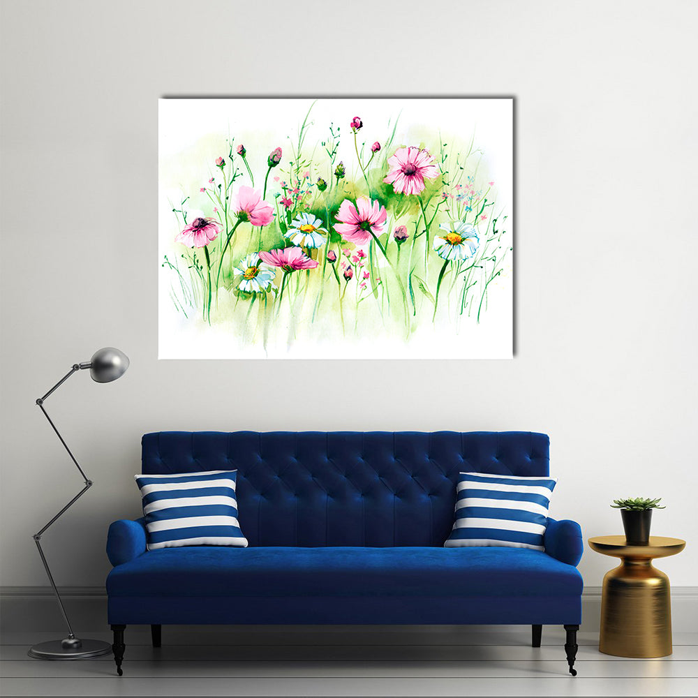 Pink Cosmos and White Daisies Meadow Canvas Wall Art in white, green and pink, single panel hung on a wall