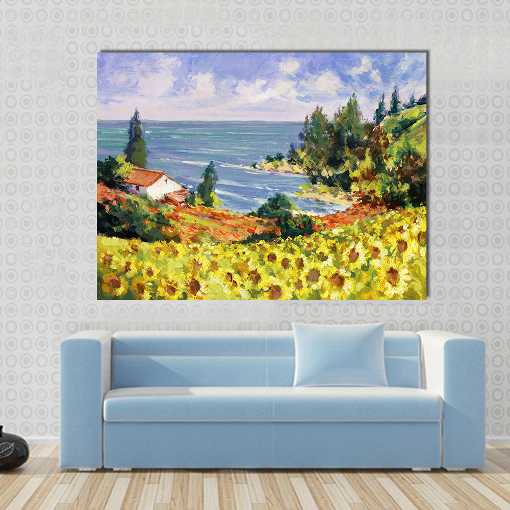 Sunflower Cottage by the Sea Canvas Wall Art
