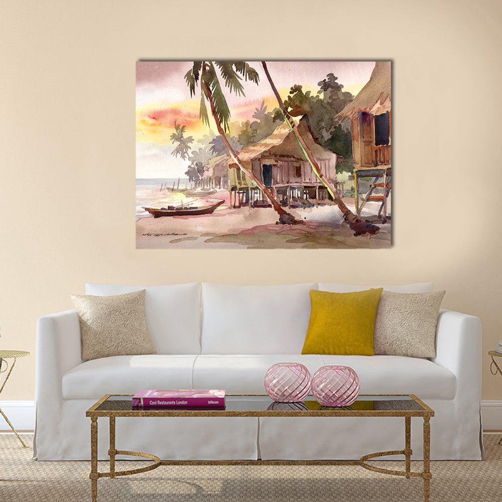 Watercolor Stilt Houses at Sunset Canvas Wall Art in brown, orange and yellow, single panel hung on a wall