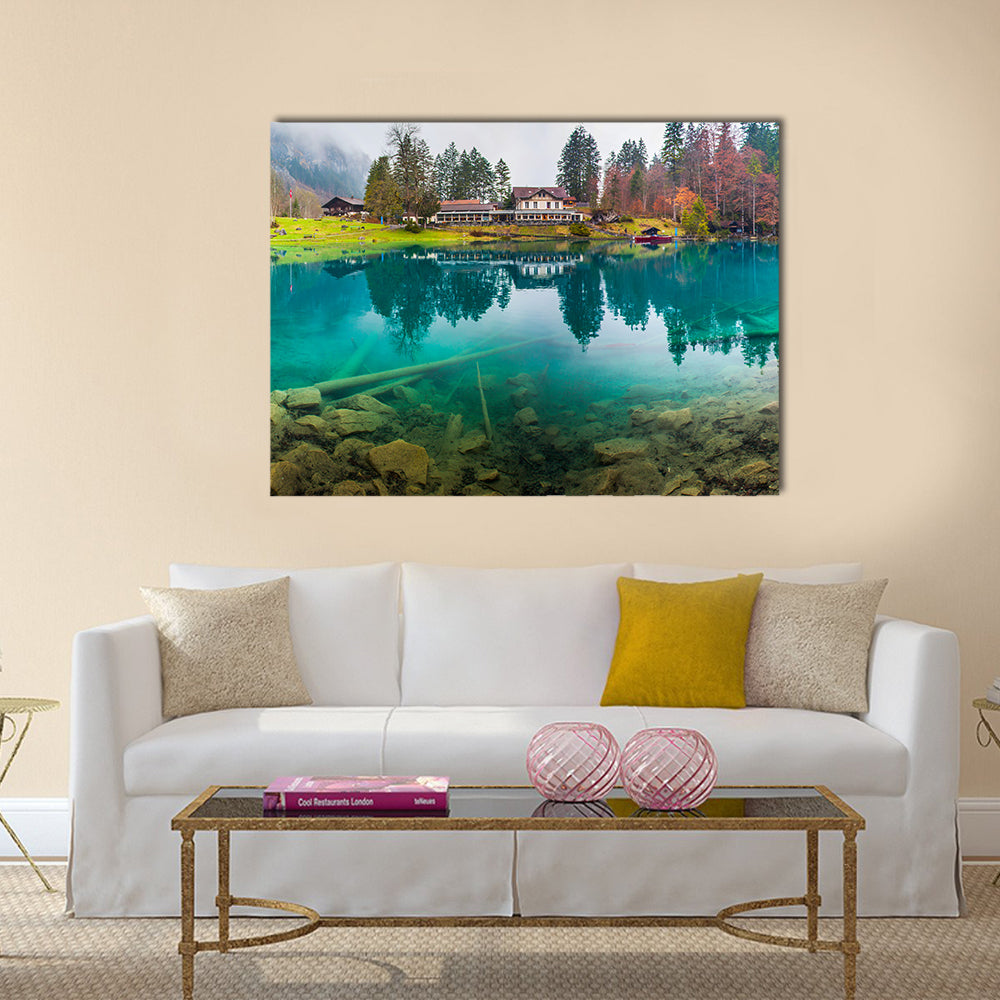 Hotel Forellenzucht in Blausee Town Switzerland Canvas Wall Art in brown, green and blue, single panel hung on a wall