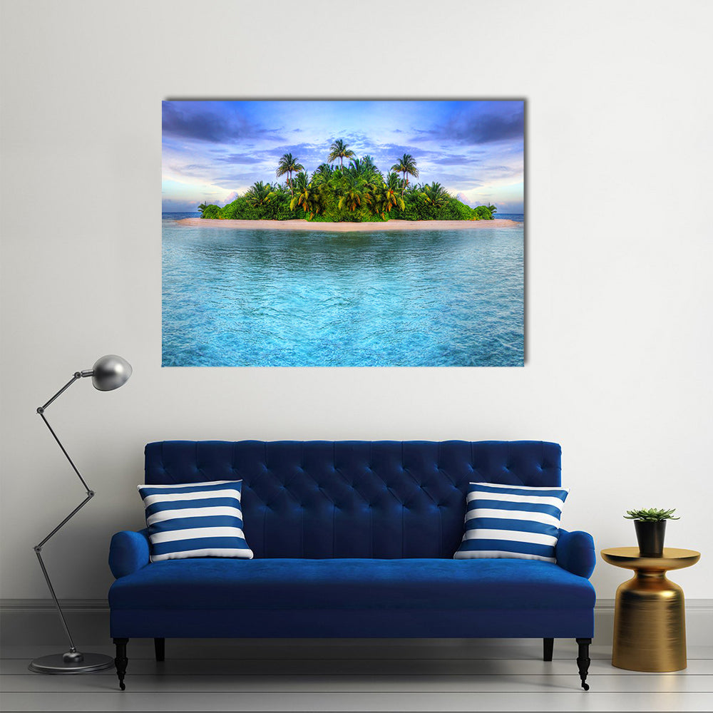 Maldives Tropical Island Canvas Wall Art in green and blue, single panel hung on a wall