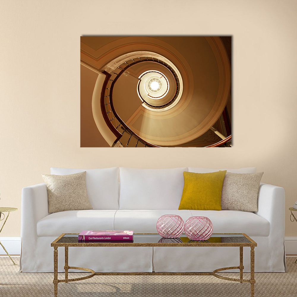 Curvy Spiral Staircase Canvas Wall Art in beige, brown and gold, single panel hung on a wall