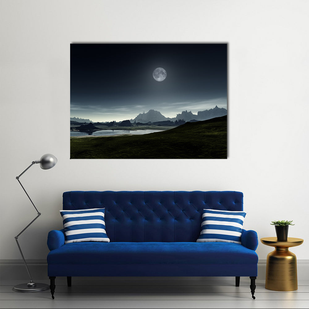 Moonlit Mountain Lake Canvas Wall Art in black, gray and blue, single panel hung on a wall
