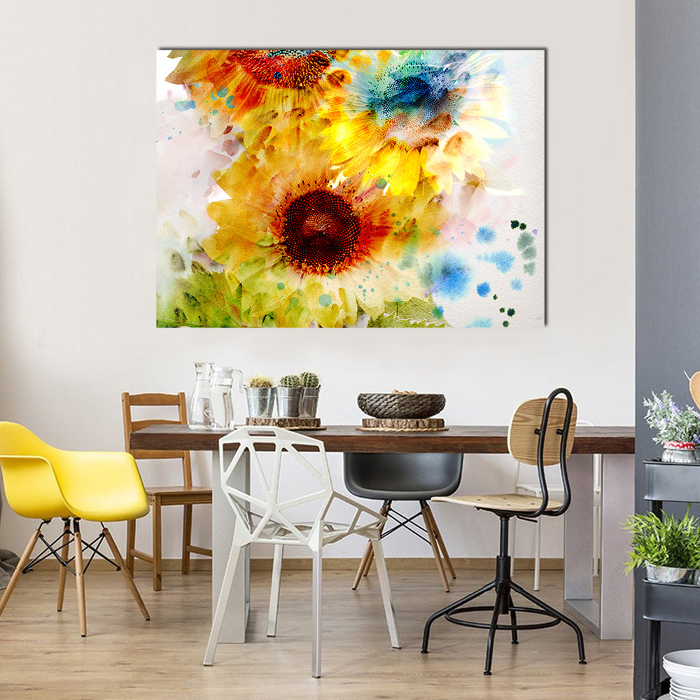 Watercolor Sunflowers Close-up Canvas Wall Art in orange, yellow and multicolor, single panel hung on a wall