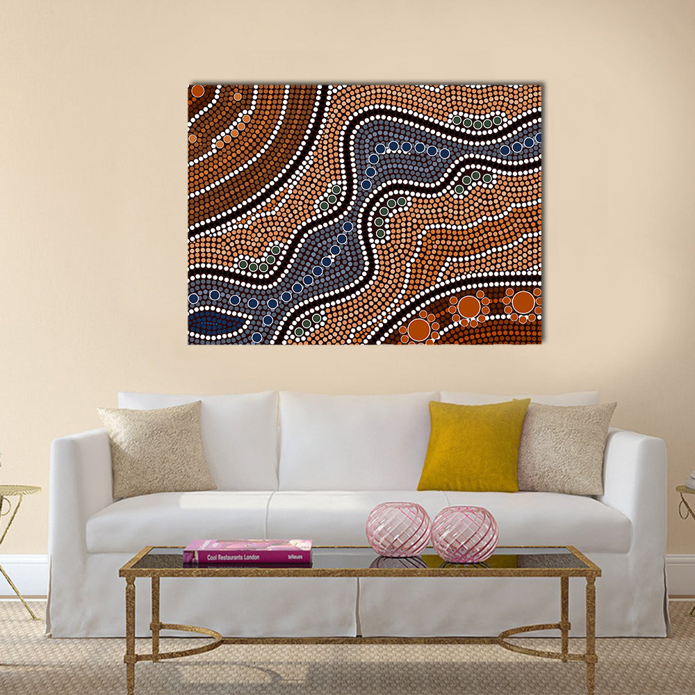 Dotted River Path Canvas Wall Art in brown, orange and blue, single panel hung on a wall
