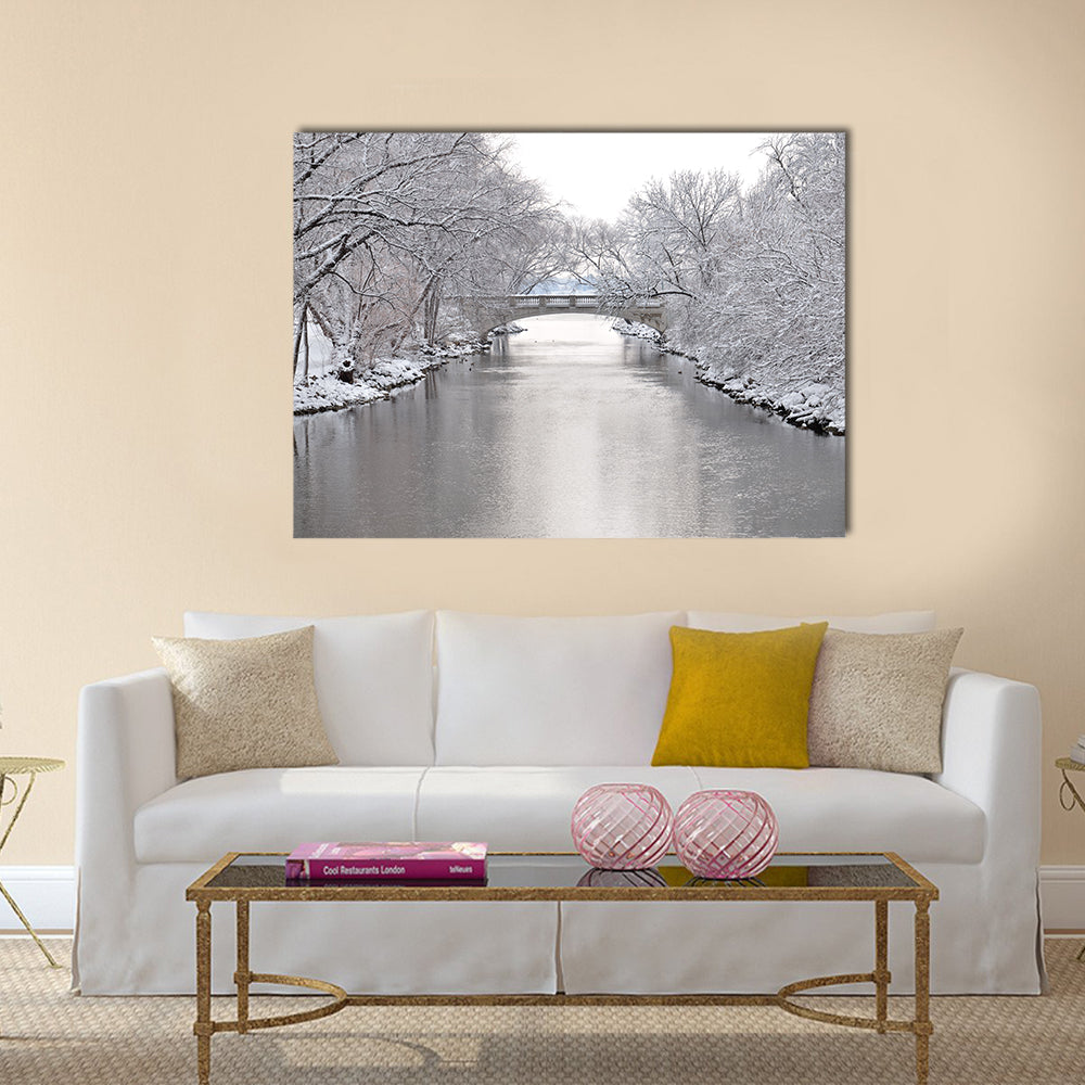 Yahara River In Madison Wisconsin Canvas Wall Art in white and gray, single panel hung on a wall