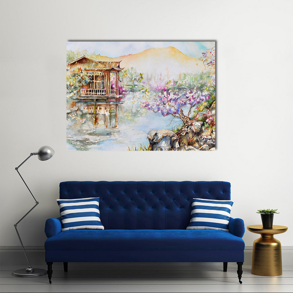 West Lake Stilt House with Pink Blossoms Canvas Wall Art
