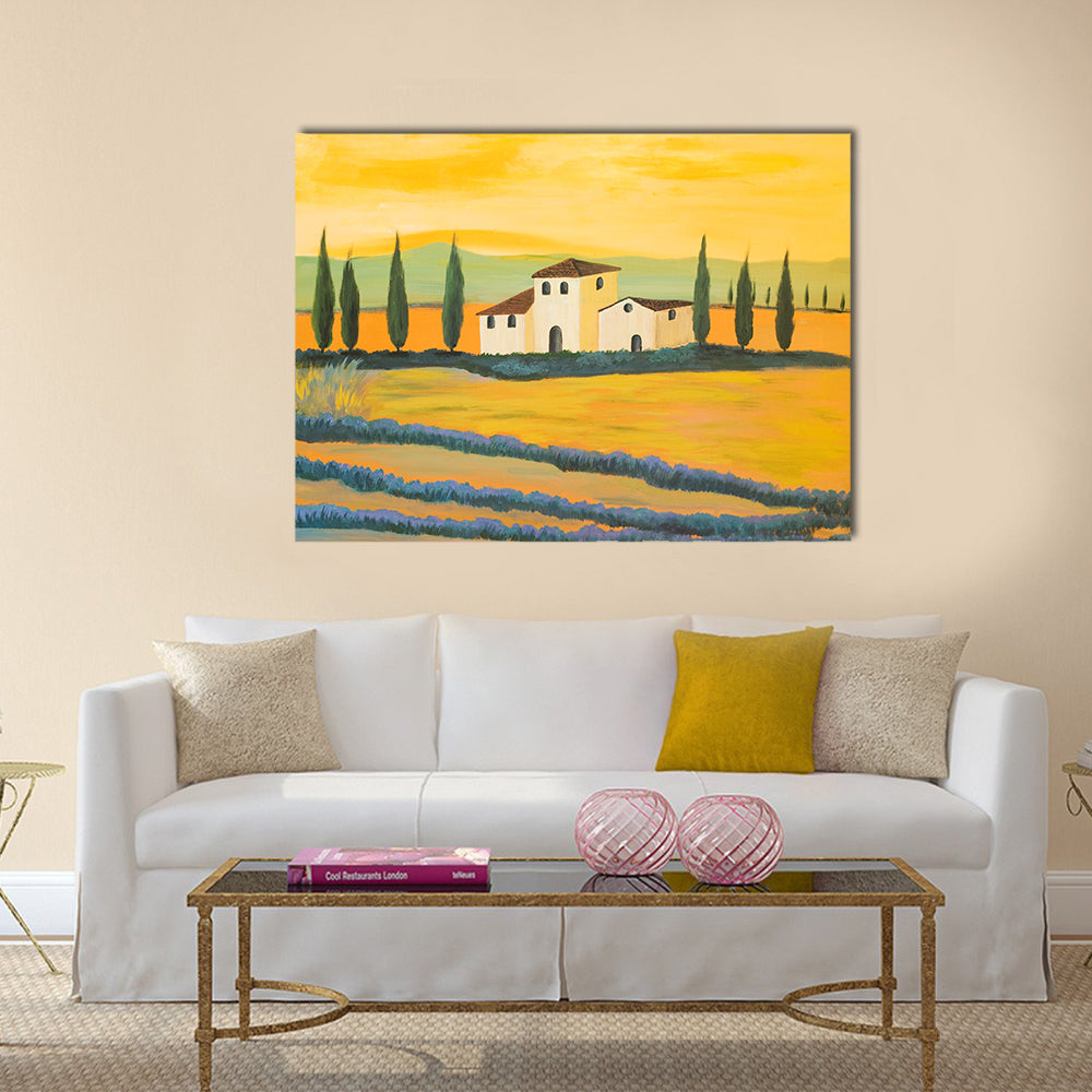 Tuscan Lavender Fields with Cypress Trees Canvas Wall Art in yellow, green and purple, single panel hung on a wall