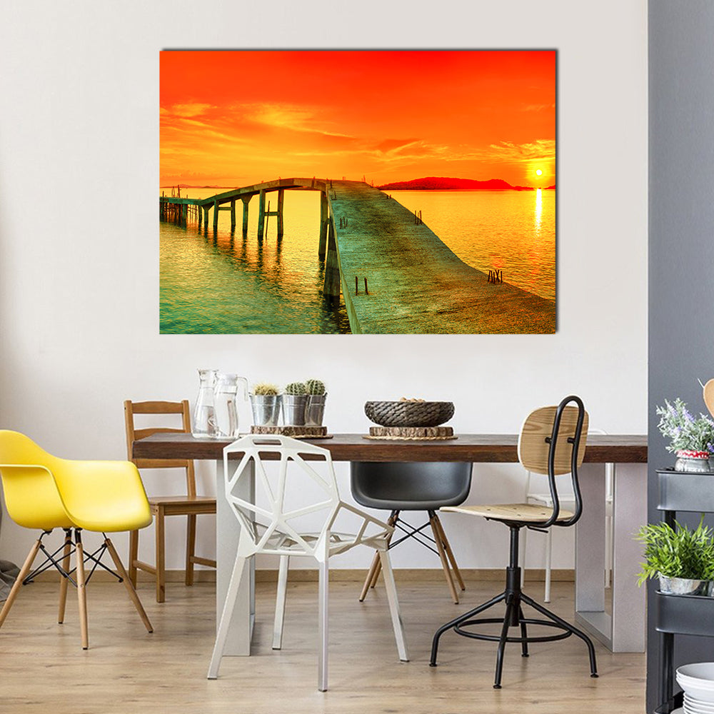 Sunset Over The Sea Pier Canvas Wall Art