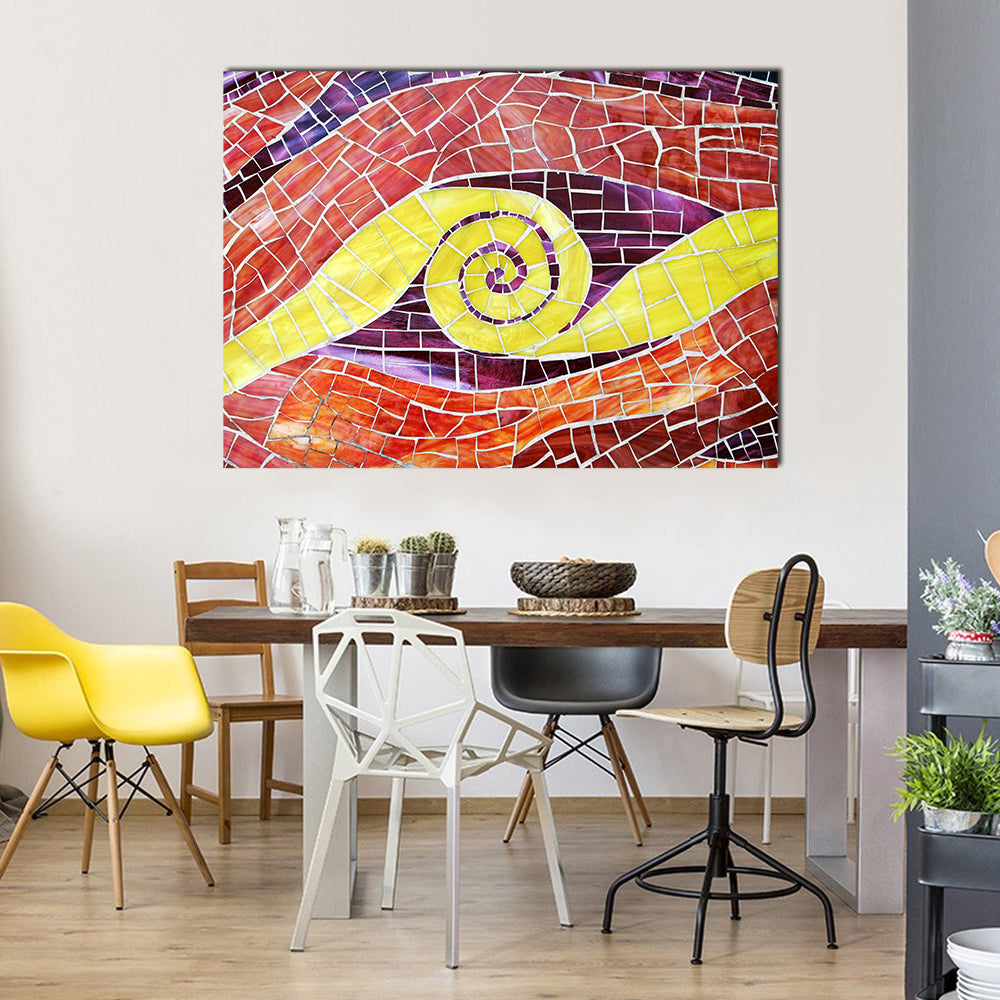 Colorful Mosaic with Yellow Spiral Canvas Wall Art in red, yellow and multicolor, single panel hung on a wall