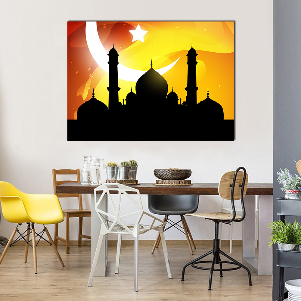 Glowing Ramadan Mosque Silhouette Canvas Wall Art