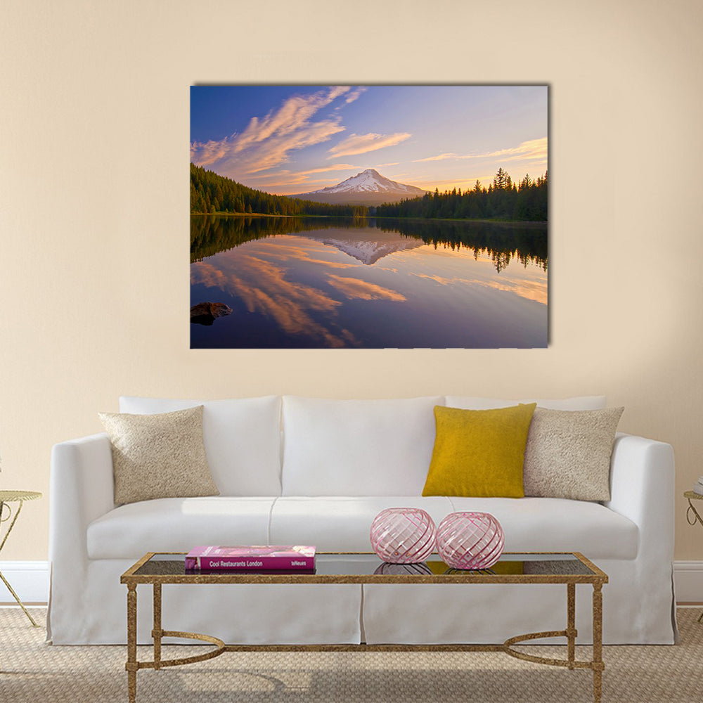 Sunrise In Trillium Lake In Oregon Canvas Wall Art in orange, yellow and blue, single panel hung on a wall