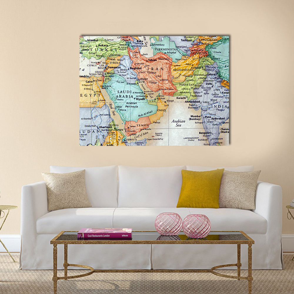 Map Of Middle East Canvas Wall Art in beige, blue and multicolor, single panel hung on a wall