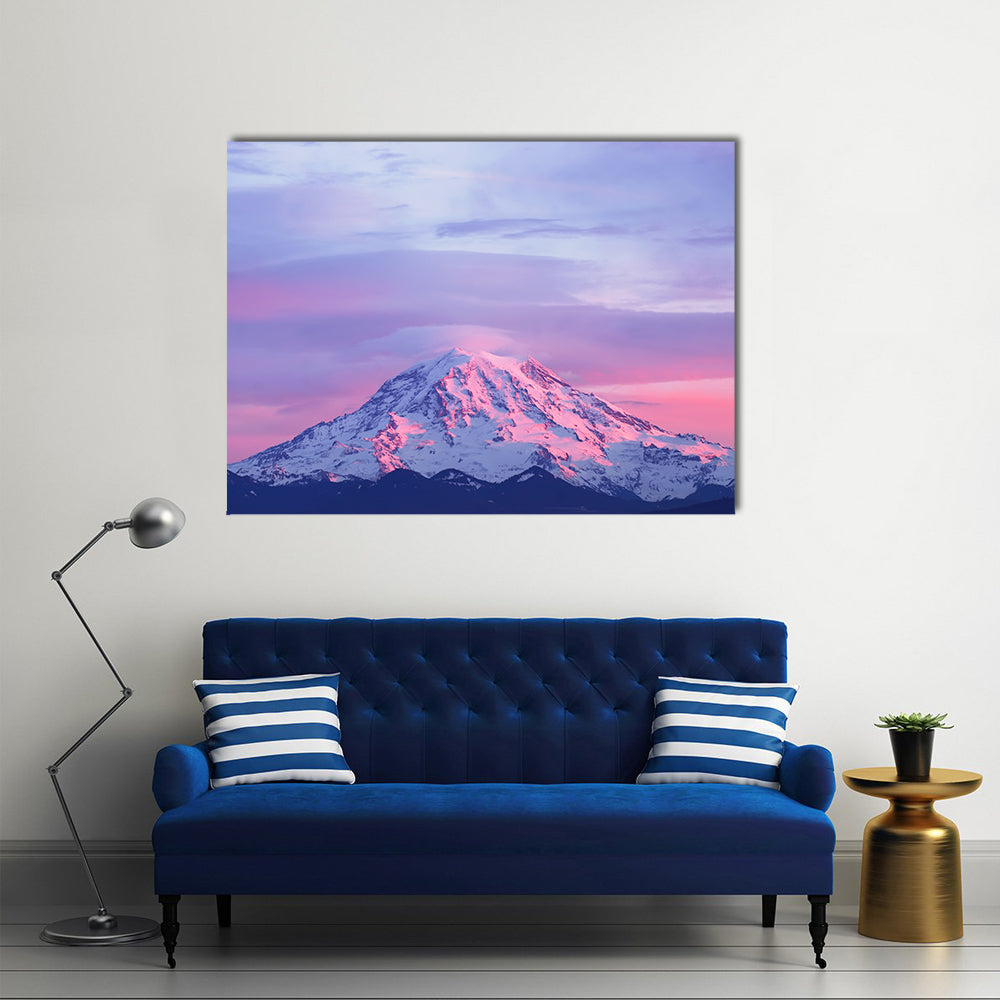 Sunset Light on Mount Rainier Canvas Wall Art in blue, purple and pink, single panel hung on a wall
