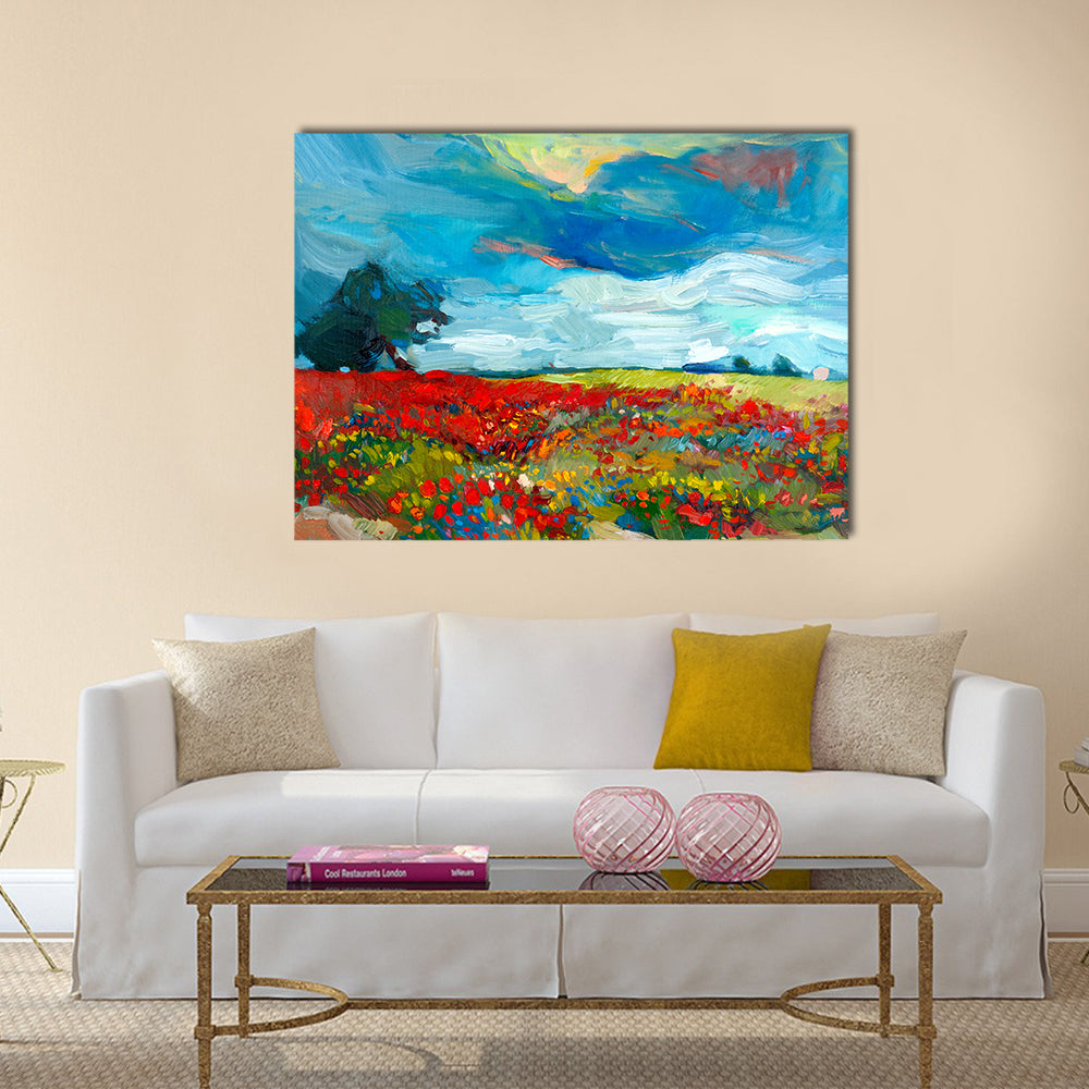 Red Poppy Field Abstract Landscape Canvas Wall Art in red, yellow and blue, single panel hung on a wall