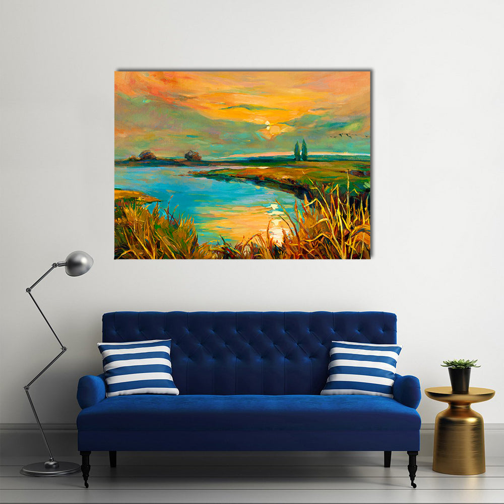 Golden Lakeside Sunset Canvas Wall Art