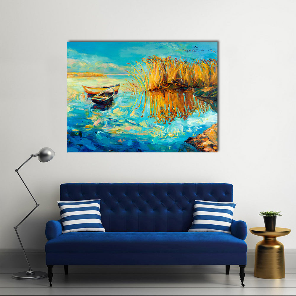 Two Rowboats at Golden Reeds Canvas Wall Art