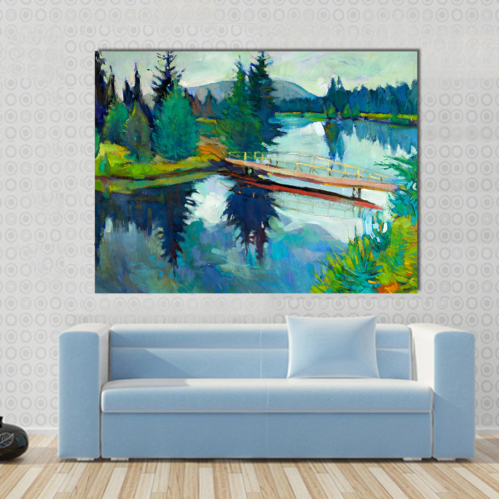 Wooden Bridge Over Reflective River Canvas Wall Art in green and blue, single panel hung on a wall