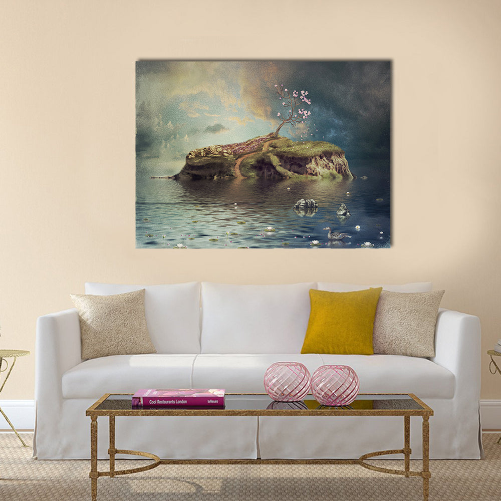 Calm River Island at Dusk Canvas Wall Art in gray, green and blue, hung on a wall