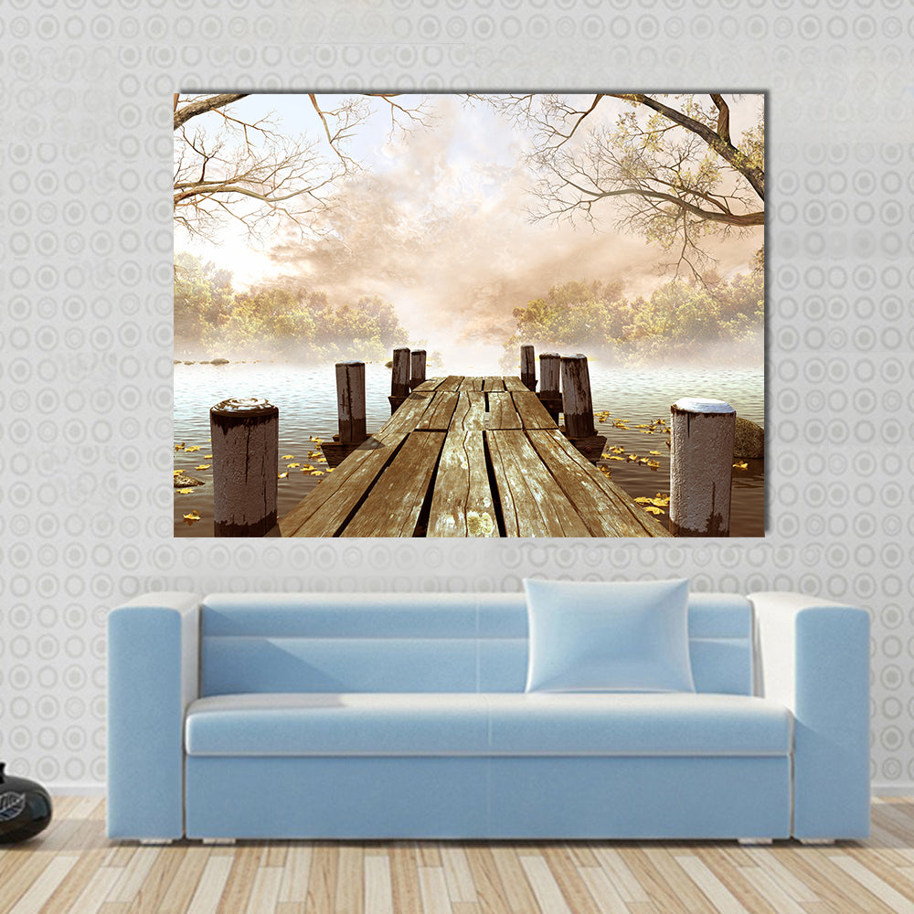 Wooden Dock on Misty Lake Canvas Wall Art in gray, beige and brown, single panel hung on a wall