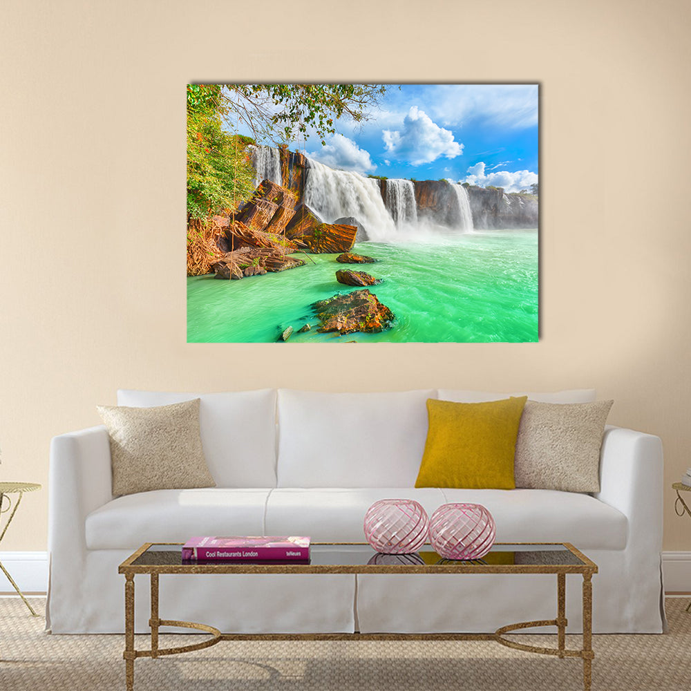 Dry Nur Waterfall In Vietnam Canvas Wall Art in white, green and blue, single panel hung on a wall
