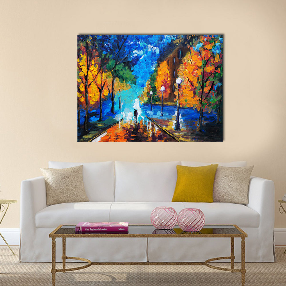 Autumn Couple Under Glowing Streetlights Canvas Wall Art in orange, yellow and blue, single panel hung on a wall