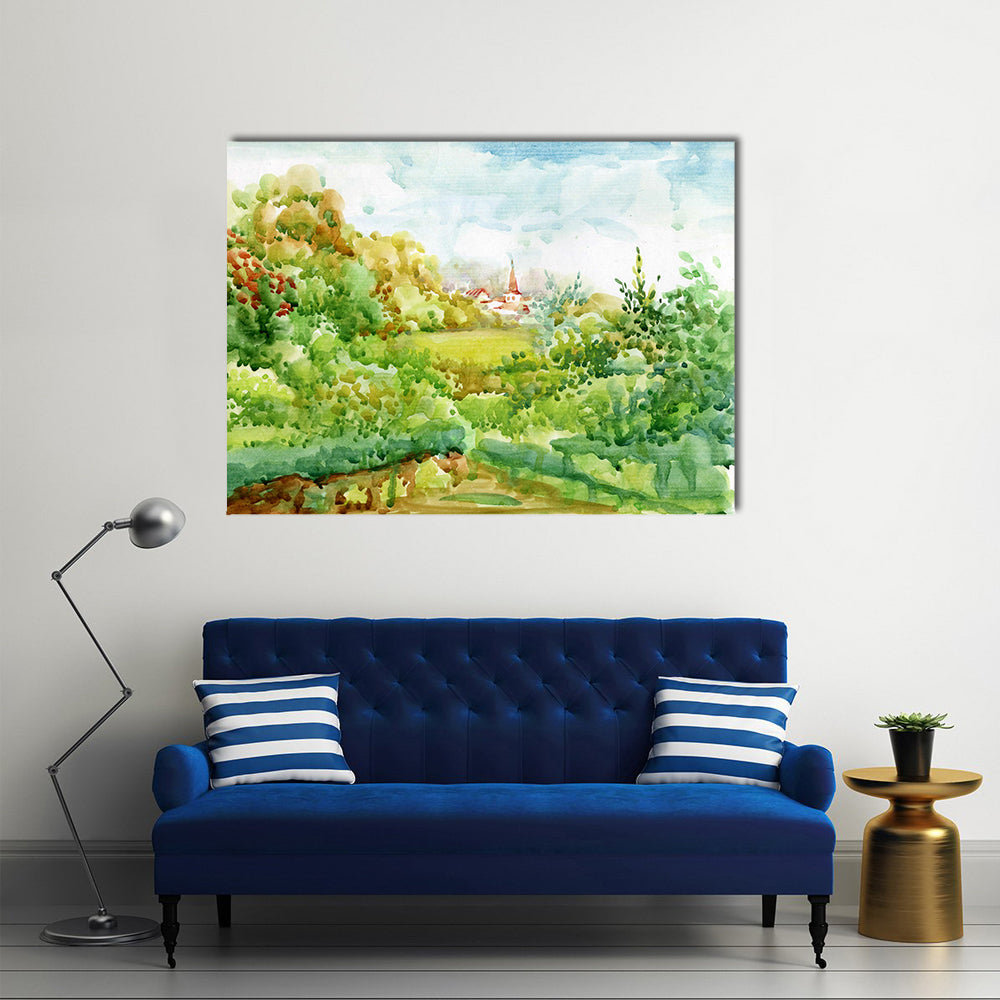 Village Watercolor Landscape with Red-roofed Church Canvas Wall Art